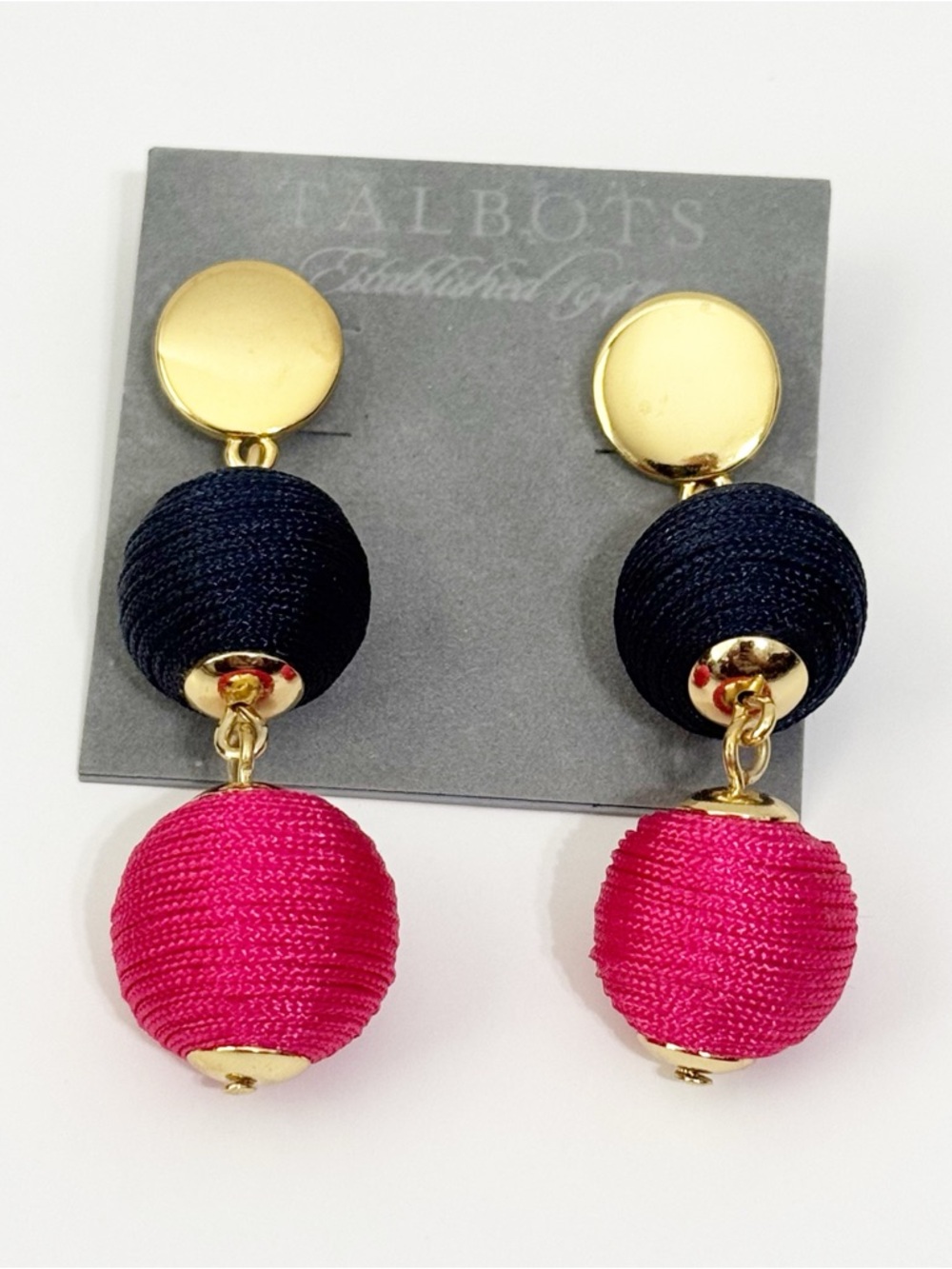 Talbots Hot Pink and Navy Double Drop Ball Earrings with Gold Accents